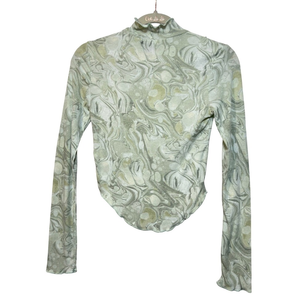 Forever 21 Green Marble Swirl Mock Neck Ribbed Long Sleeve Top Exposed Seam‎ M